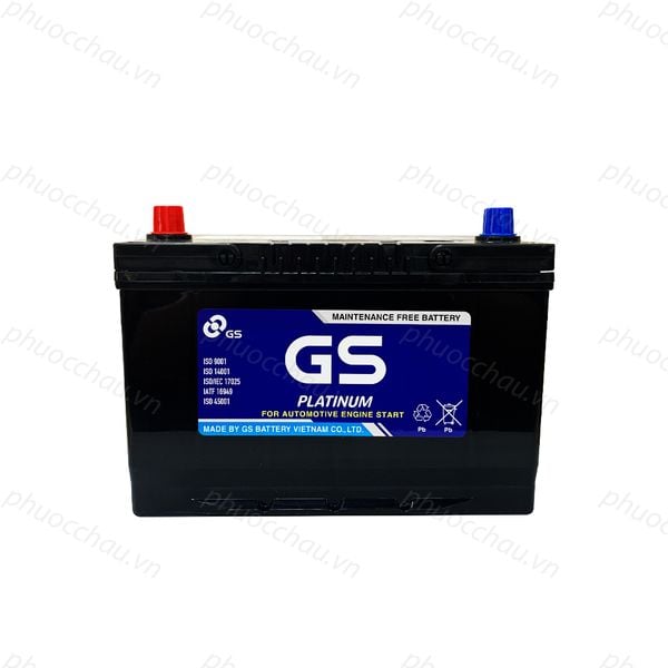 Ắc quy GS MF 105D31R 12V-90AH mặt trước tem GS Platinum MAINTENANCE FREE, nắp cọc đỏ xanh