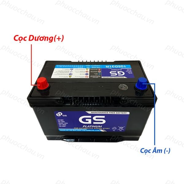 Ắc quy GS MF 105D31R 12V-90AH hướng dẫn phân biệt cọc dương đỏ và cọc âm xanh