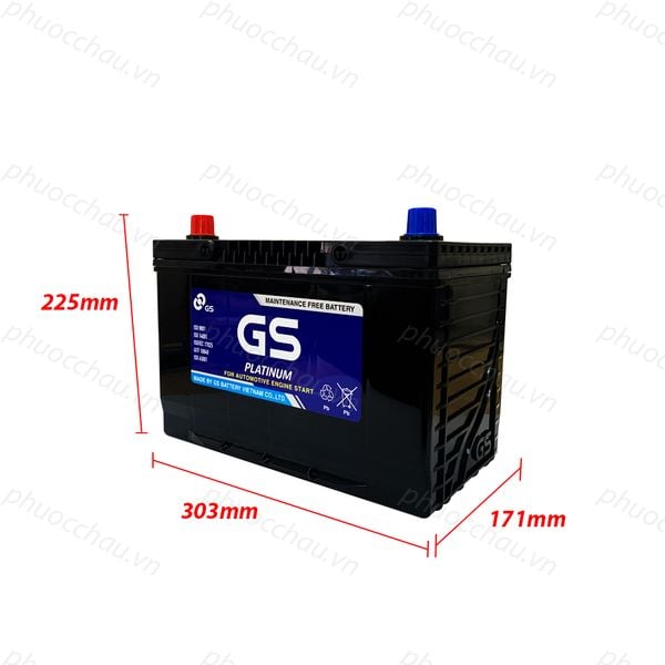 Ắc quy GS MF 105D31R 12V-90AH nghiêng phải kèm số đo chiều dài 306mm, rộng 173mm, cao 225mm