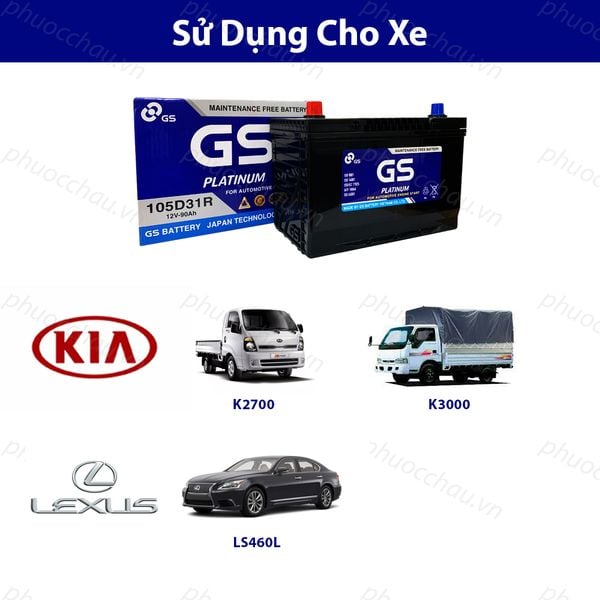 Ắc quy GS MF 105D31R 12V-90Ah dùng cho xe tải KIA K2700, K3000 và xe Lexus LS460L