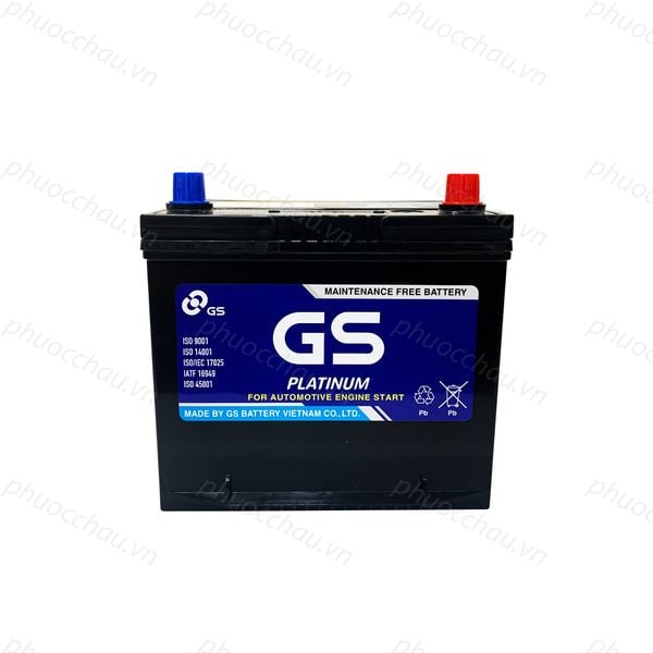 Bình ắc quy GS MF 55D23L 12V-60AH chính diện màu đen nắp xanh đỏ, tem GS PLATINUM Maintenance Free