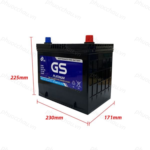 Bình ắc quy GS MF 55D23L 12V-60AH hình chiếu kích thước dài 232mm rộng 173mm cao 204mm
