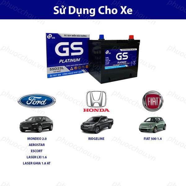 Bình ắc quy GS MF 55D23L 12V-60AH dùng cho xe Ford Mondeo 2.0 Aerostar Escort Honda Ridgeline Fiat 500 1.4