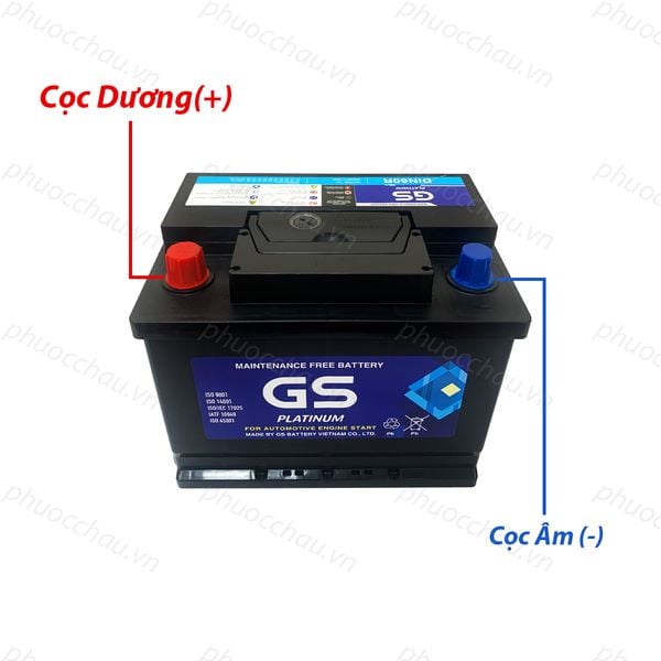 Ắc quy GS MF DIN60R 12V-60Ah nhìn từ trên mặt nắp, chú thích cọc dương (+) nắp đỏ và cọc âm (-) nắp xanh