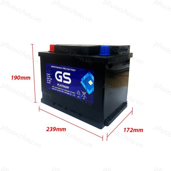 Ắc quy GS MF DIN60R 12V-60Ah ảnh kích thước chiều dài 245mm rộng 175mm cao 190mm tem xanh GS Platinum