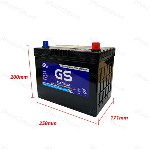 Ắc quy GS MF 80D26L 12V-70Ah hình chiếu kích thước dài 260mm rộng 173mm cao 222mm