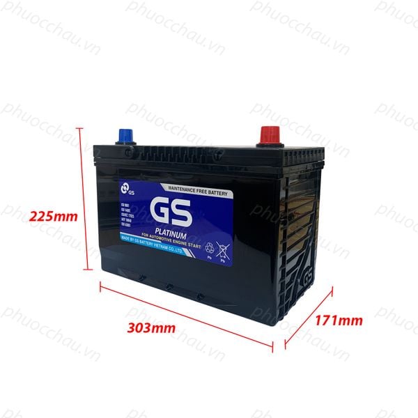 Ắc quy GS MF 95D31L 12V-80AH hình chiếu kích thước dài 306mm rộng 173mm cao 225mm