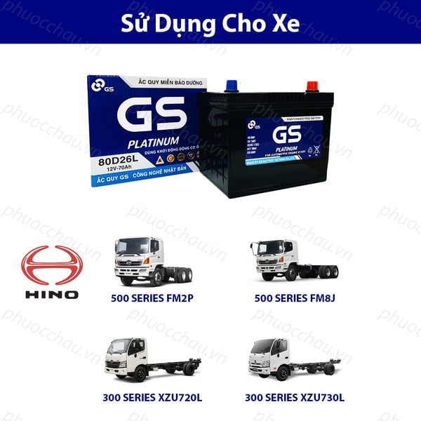 Ắc quy GS MF 80D26L 12V-70Ah dùng cho xe tải HINO 500 Series FM2P FM8J và 300 Series XZU720L XZU730L