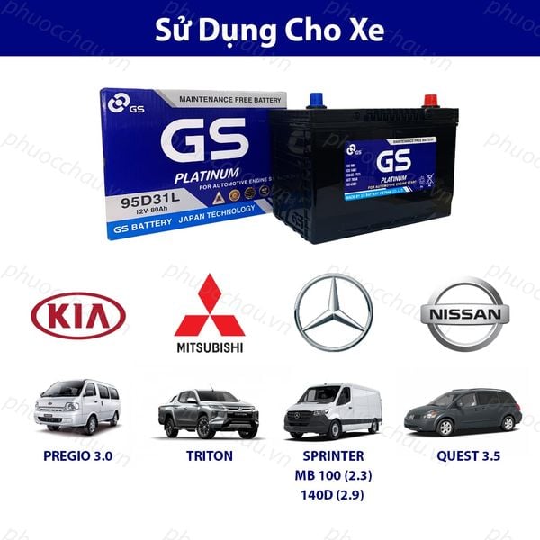 Ắc quy GS MF 95D31L 12V-80AH dùng cho xe Kia Pregio 3.0, Mitsubishi Triton, Mercedes Sprinter, Nissan Quest 3.5