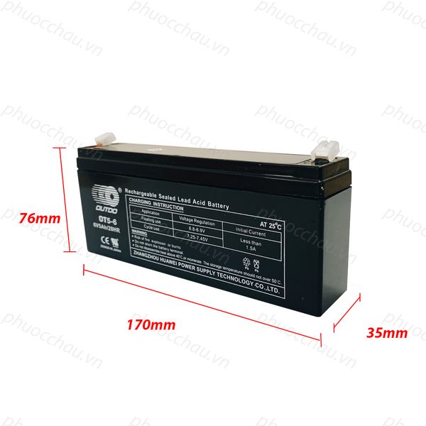 Ắc quy OUTDO OT5-6 6V 5Ah hình chiếu nghiêng có số đo chiều cao 76mm chiều dài 170mm chiều rộng 35mm