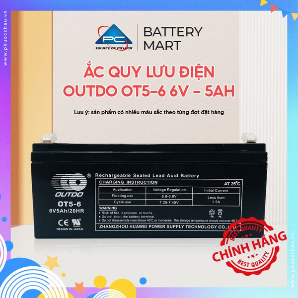 Ắc quy lưu điện OUTDO OT5-6 6V 5Ah ảnh quảng cáo sản phẩm kèm logo Battery Mart và tem chính hãng