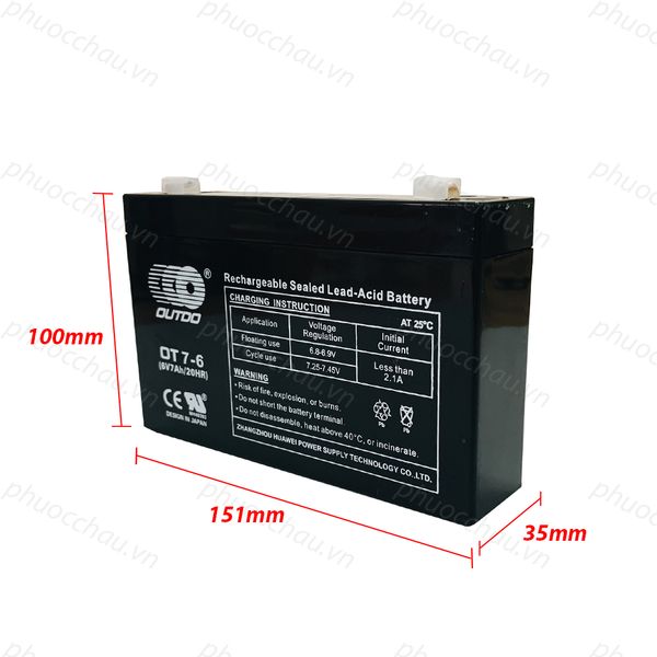 Bình ắc quy OUTDO OT7-6 6V 7Ah kích thước dài 151mm rộng 35mm cao 100mm