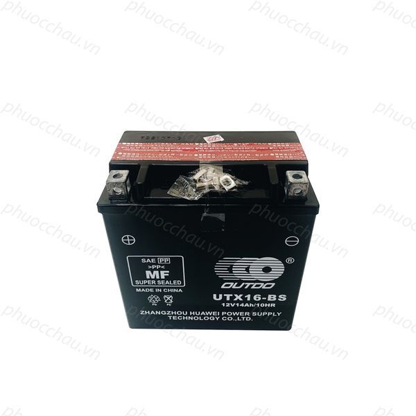 Bình ắc quy xe moto OUTDO UTX16-BS 12V 14Ah nhìn từ trên xuống mặt bình kèm ốc vít