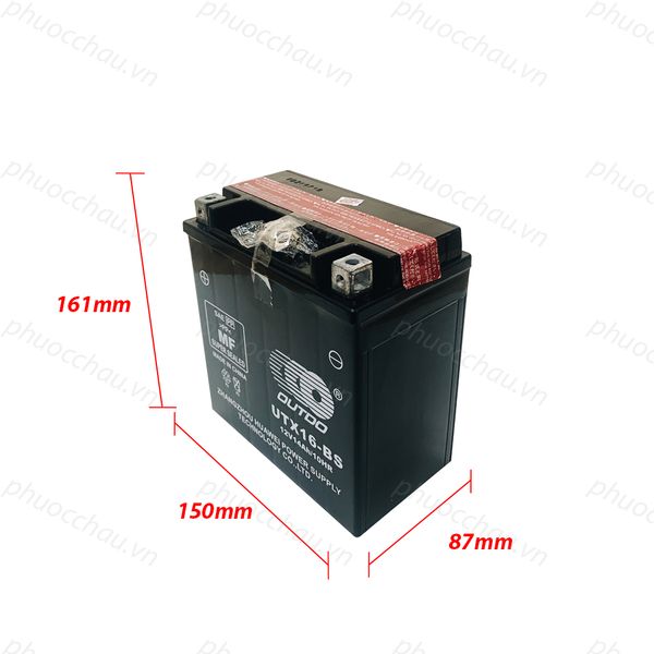Bình ắc quy xe moto OUTDO UTX16-BS 12V 14Ah ảnh kích thước chiều cao 161mm chiều dài 150mm chiều rộng 87mm