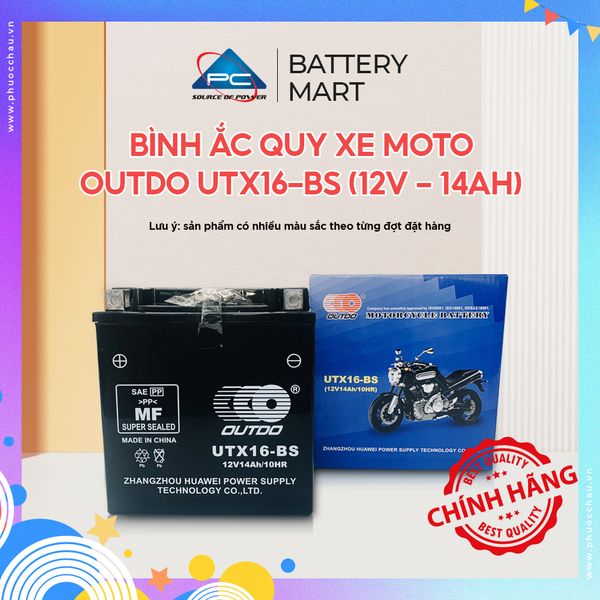 Bình ắc quy xe moto OUTDO UTX16-BS 12V 14Ah ảnh quảng cáo sản phẩm kèm vỏ hộp và tem chính hãng
