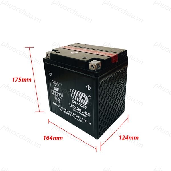 Bình ắc quy Outdo UTX30L-BS 12V 28Ah nghiêng phải kèm số đo kích thước 164x124x175mm
