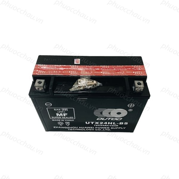 Bình ắc quy OUTDO UTX24HL-BS 12V 24Ah góc nhìn từ trên xuống, thấy rõ 2 cọc và túi ốc vít