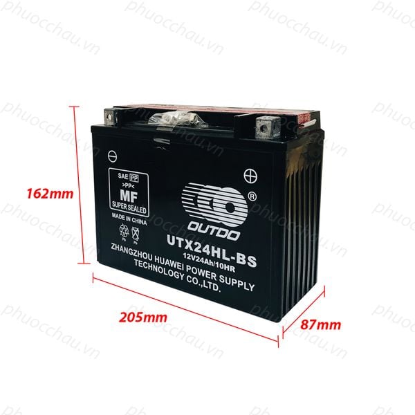 Bình ắc quy xe moto OUTDO UTX24HL-BS 12V 24Ah kèm số đo kích thước 205mm x 87mm x 162mm