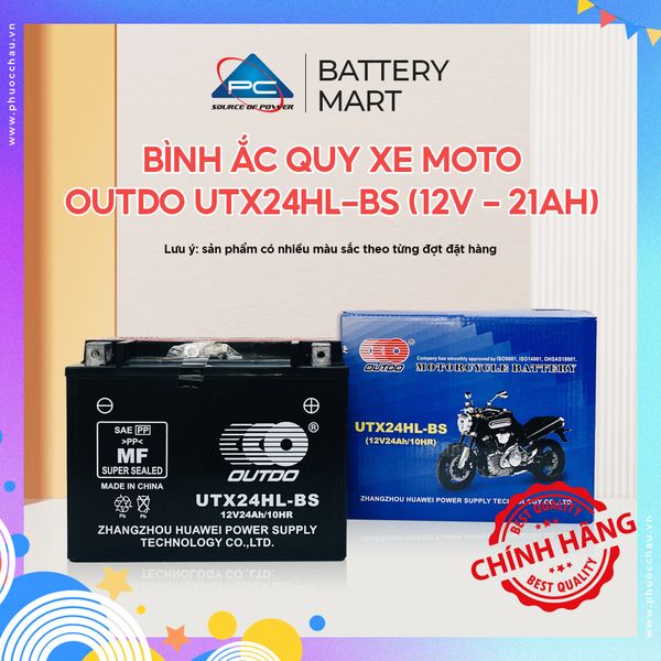 Bình ắc quy xe moto OUTDO UTX24HL-BS 12V 21Ah ảnh quảng cáo sản phẩm kèm vỏ hộp và tem chính hãng