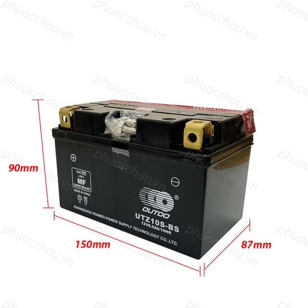 Ắc quy xe mô tô phân khối lớn OUTDO UTZ10S 12V 8.6Ah với kích thước chiều dài 150mm, chiều rộng 87mm, chiều cao 94mm