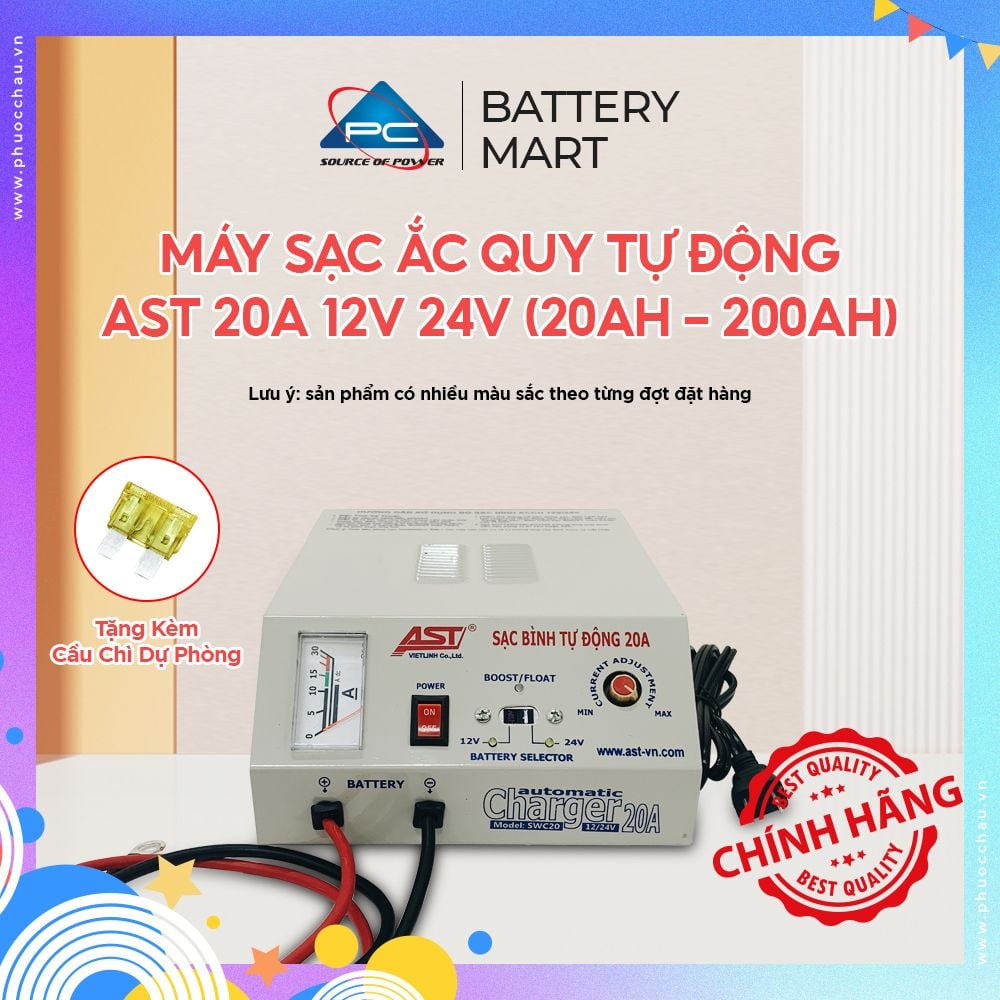 Sạc Ắc Quy Tự Động AST 20A 12V-24V, Bộ sạc bình ắc quy từ 20ah - 200ah, sạc bình ắc quy ô tô