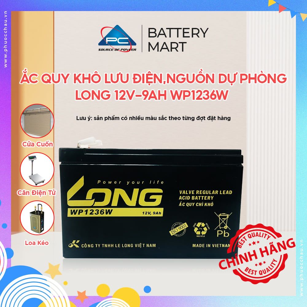 Bình ắc quy khô long 12v-9ah wp1236w dùng cho ups, lưu điện cửa cuốn, lưu điện máy tính, loa kéo