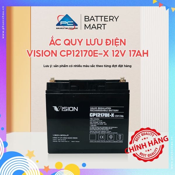 Ắc quy lưu điện Vision CP12170E-X 12V 17Ah ảnh quảng cáo sản phẩm, tem chính hãng và thông số kỹ thuật