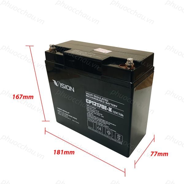 Ắc quy Vision CP12170E-X 12V 17Ah hình chiếu kích thước dài 181mm rộng 77mm cao 167mm