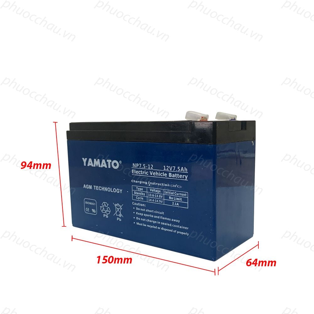 Bình Ắc Quy Khô YAMATO NP7.5-12 12V - 7.5AH Cho Xe Đạp Điện, UPS, Loa Kéo, Bình Phun Thuốc Sâu, Cửa Cuốn