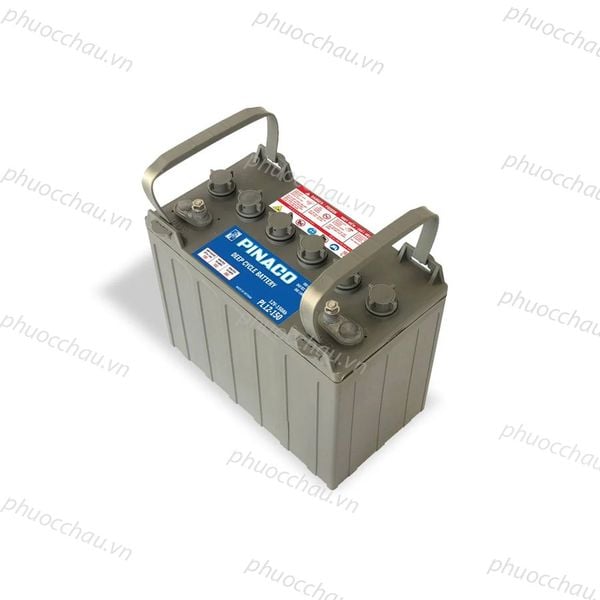 Ắc quy PINACO PL 12-150 12V-150Ah nhìn từ trên xuống, thấy rõ 6 nắp van và 2 cọc bình