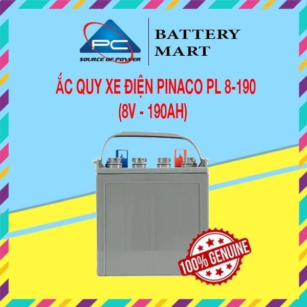 Ắc quy xe điện PINACO PL 8-190 8V-190Ah ảnh quảng cáo sản phẩm, bình vỏ xám có quai xách, 4 cọc nắp đỏ xanh