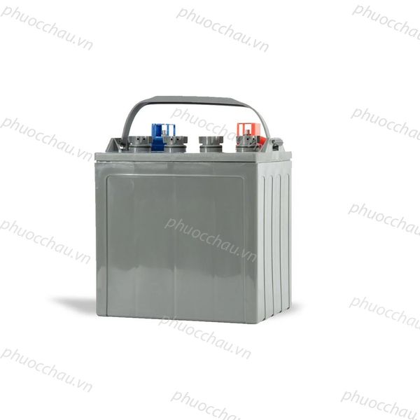 Bình ắc quy PINACO PL 8-190 8V-190Ah xe điện góc nghiêng phải, vỏ xám có gân, 4 cọc nắp xanh đỏ