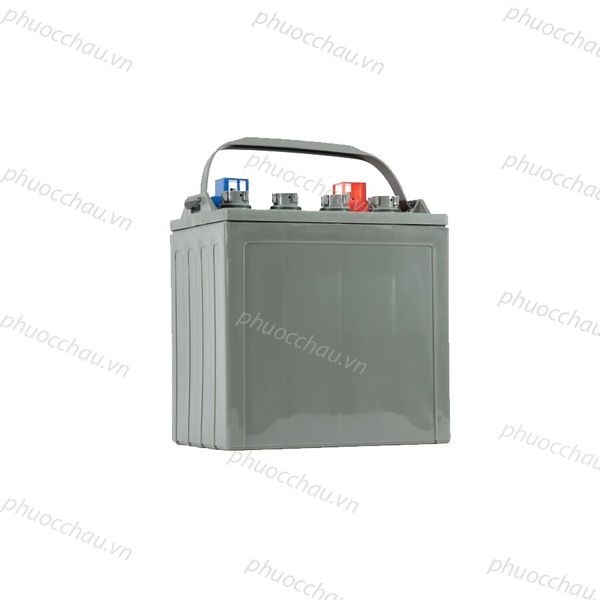 Bình ắc quy PINACO PL 8-190 8V-190Ah xe điện góc nghiêng trái, vỏ xám có quai xách và 4 cọc nắp xanh đỏ