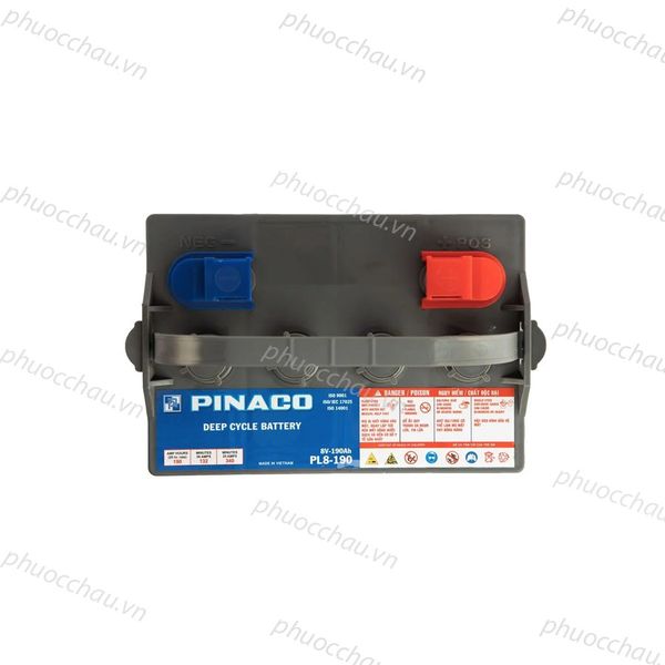Bình ắc quy PINACO PL 8-190 8V-190Ah xe điện nhìn từ trên, tem xanh Deep Cycle Battery và cảnh báo nguy hiểm