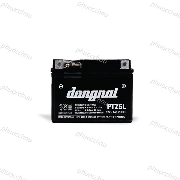 Ắc quy Đồng Nai PTZ5L 12V-4Ah chính diện, bình khô kín khí cho xe Wave RS, Exciter