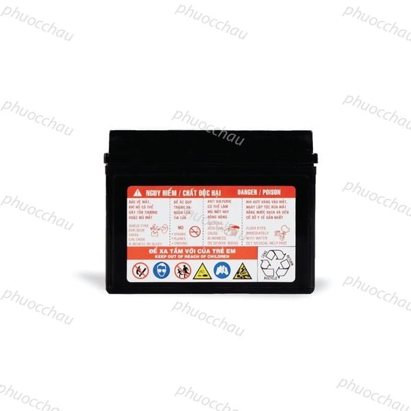 Ắc quy Đồng Nai PTZ5L 12V-4Ah mặt sau tem cảnh báo nguy hiểm và hướng dẫn an toàn