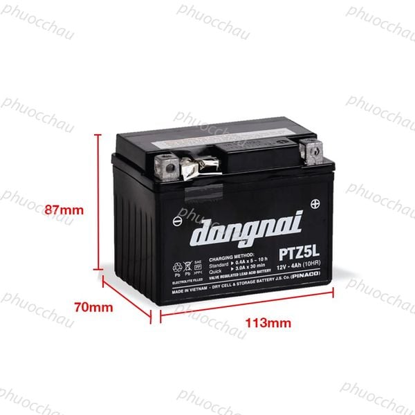 Ắc quy Đồng Nai PTZ5L 12V-4Ah hình chiếu kích thước dài 113mm rộng 70mm cao 85mm