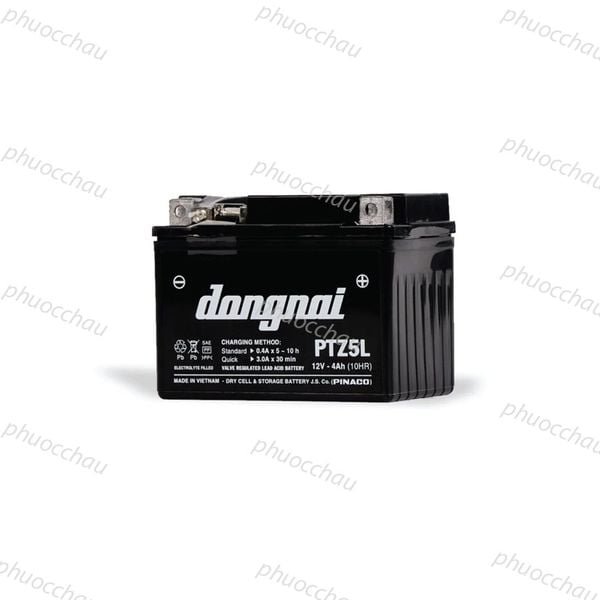 Ắc quy Đồng Nai PTZ5L 12V-4Ah góc chính diện mặt trước tem thông số