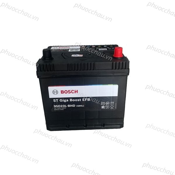 Ắc quy BOSCH EFB Q85L 12V-65AH góc nghiêng trái, tem ST Giga Boost EFB 95D23L-BHD và cọc bình đỏ đen