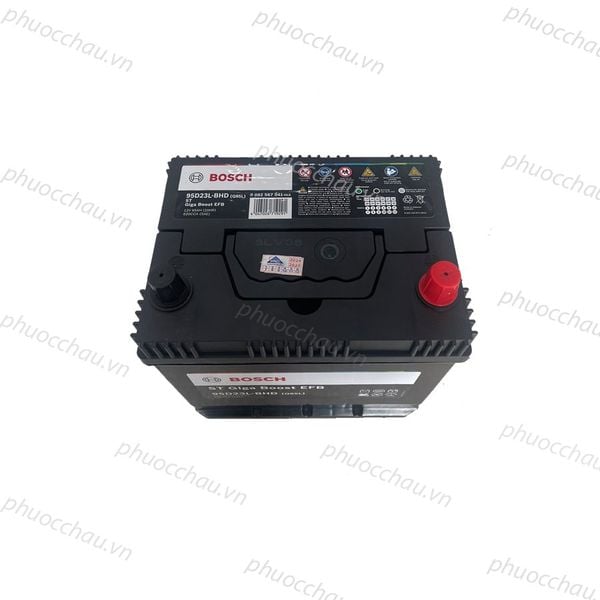 Ắc quy BOSCH EFB Q85L 12V-65AH nhìn từ trên xuống, rõ 2 cọc bình và tem phụ