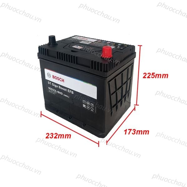 Ắc quy BOSCH EFB Q85L 12V-65AH hình chiếu kích thước dài 232mm rộng 175mm cao 223mm