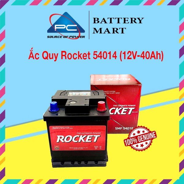 Bình ắc quy ROCKET SMF 54018 12V-40Ah kèm vỏ hộp đỏ, góc nghiêng trái, tem 100% Genuine