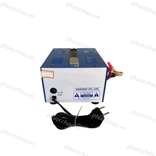 Máy sạc ắc quy HanShin 20A 6V 12V 24V mặt sau có phích cắm điện AC 220V và nhãn HANSHIN CO., LTD
