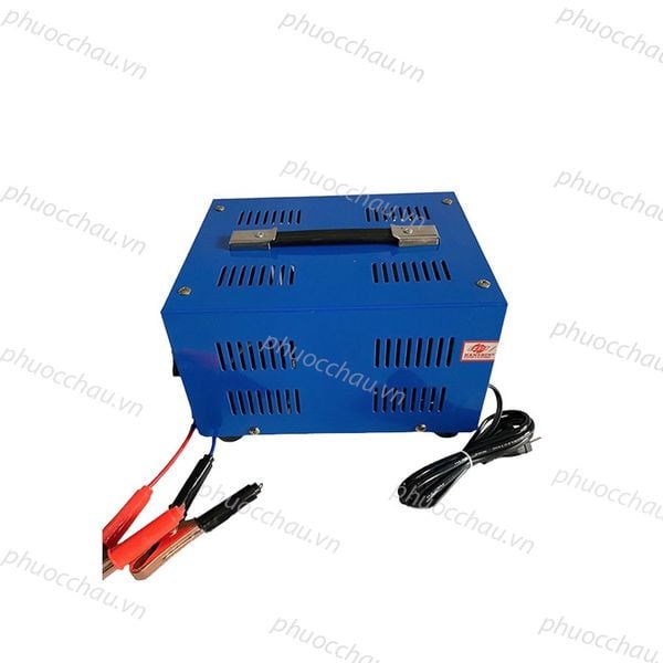 Máy sạc ắc quy HanShin 20A 6V 12V 24V góc nghiêng phải, vỏ xanh có quai xách và kẹp cá sấu đỏ đen