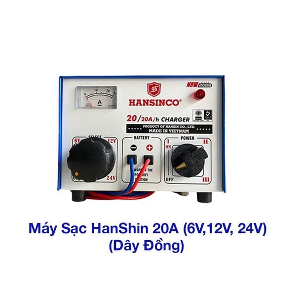 Máy sạc ắc quy HanShin 20A 6V 12V 24V mặt trước có vít chỉnh dòng và công tắc chọn điện áp