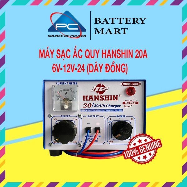 Ắc quy HanShin 20A dây đồng 6V-12V-24V, ảnh quảng cáo sản phẩm có đồng hồ đo dòng và con dấu 100% Genuine