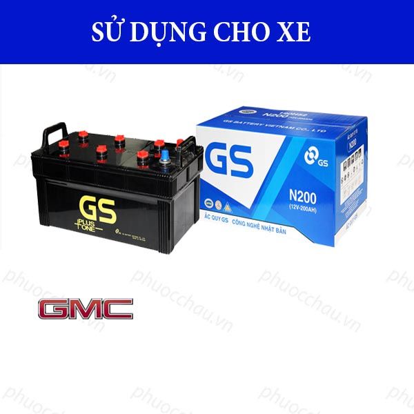 Bình ắc quy GS N200 12V-200AH dùng cho xe ô tô, vỏ đen logo GS vàng, vỏ hộp xanh GS N200 12V-200AH
