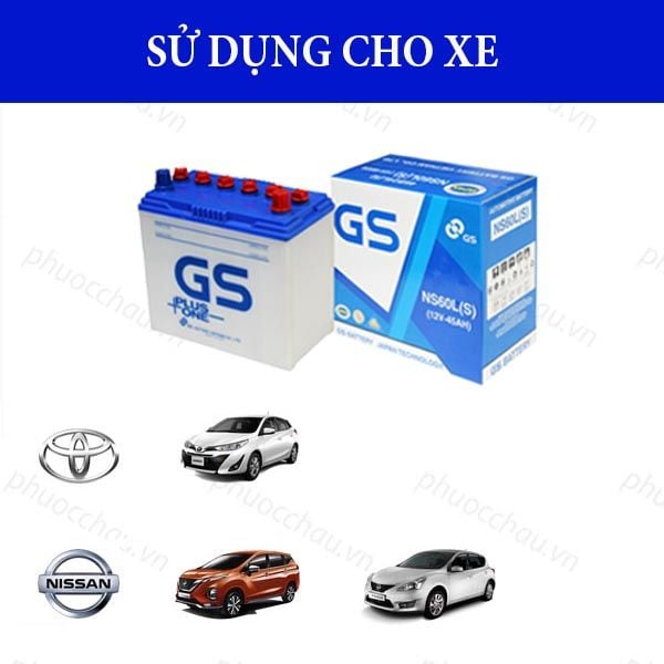Ắc quy GS NS60LS 12V-45AH dùng cho xe Nissan, Toyota - bình và vỏ hộp kèm hình minh họa