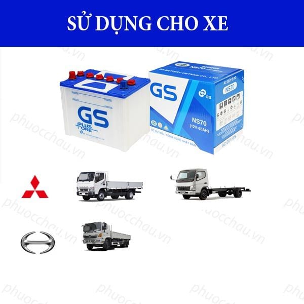 Ắc quy GS NS70 12V-65AH dùng cho xe tải Mitsubishi Hyundai Isuzu kèm logo hãng xe