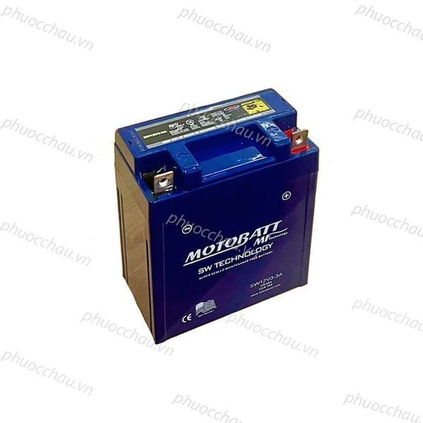 Ắc quy MOTOBATT SW12V3 12V 3AH vỏ xanh nghiêng trái lộ rõ logo MF và 2 cọc bình